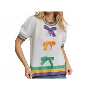 NEW SWEET GENERIS mardi gras bow short sleeve sweater in white